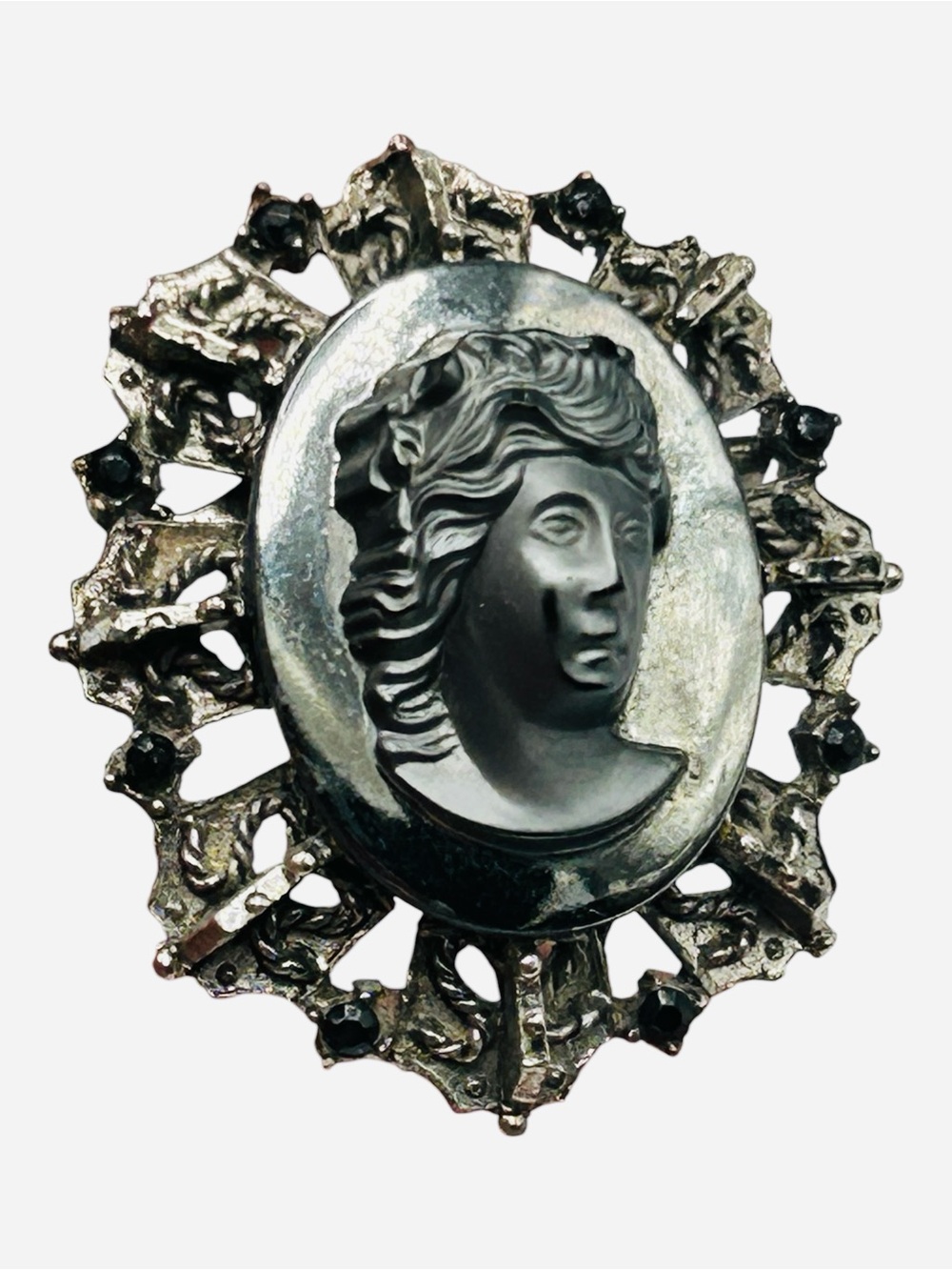 Vintage High Profile Hematite Glass Cameo Brooch